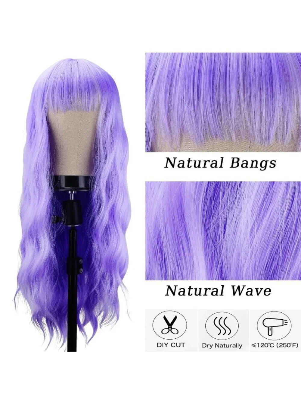 Women's Light Purple 26 Inch Natural Looking Synthetic Fiber Long Wavy Wigs Bang